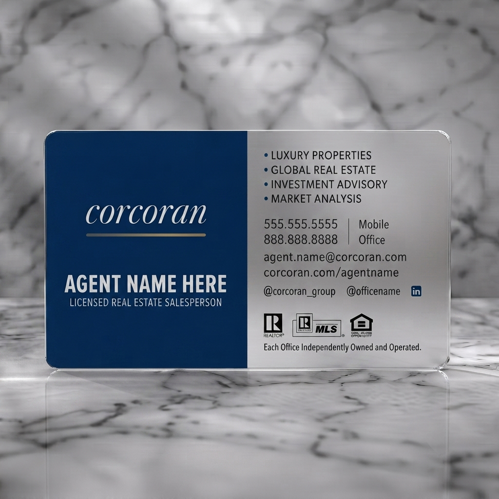 Frosted translucent plastic business card featuring two-tone navy and white design with elegant script, clear sans-serif text, and real estate icons