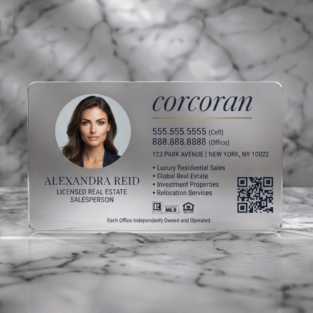 Frosted translucent plastic business card featuring professional headshot, elegant blue branding, mixed typography, and essential real estate icons