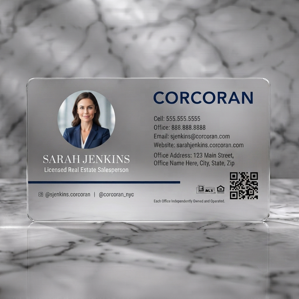Frosted translucent plastic business card featuring modern, split-layout design with a dark gray and white palette, navy accents, clear typography, and professional icons