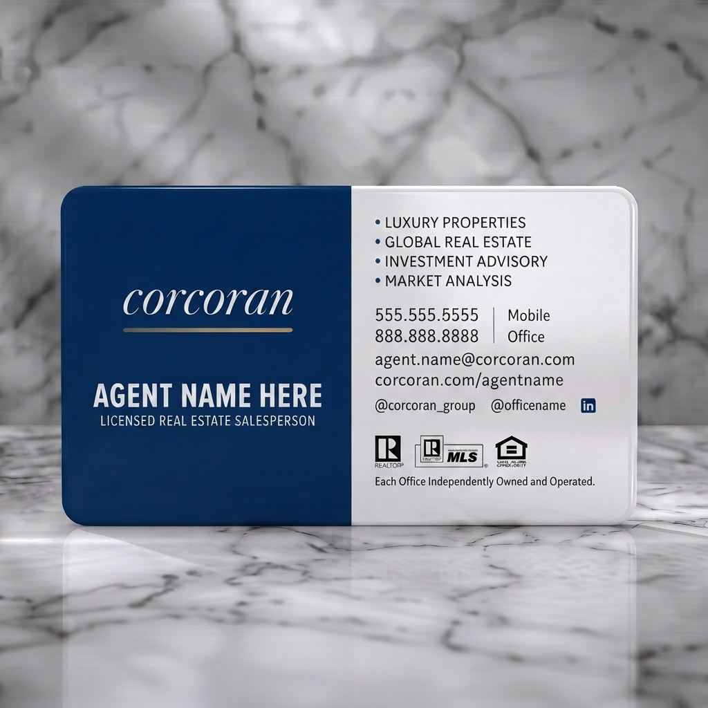 Solid white PVC business card featuring two-tone navy and white design with elegant script, clear sans-serif text, and real estate icons