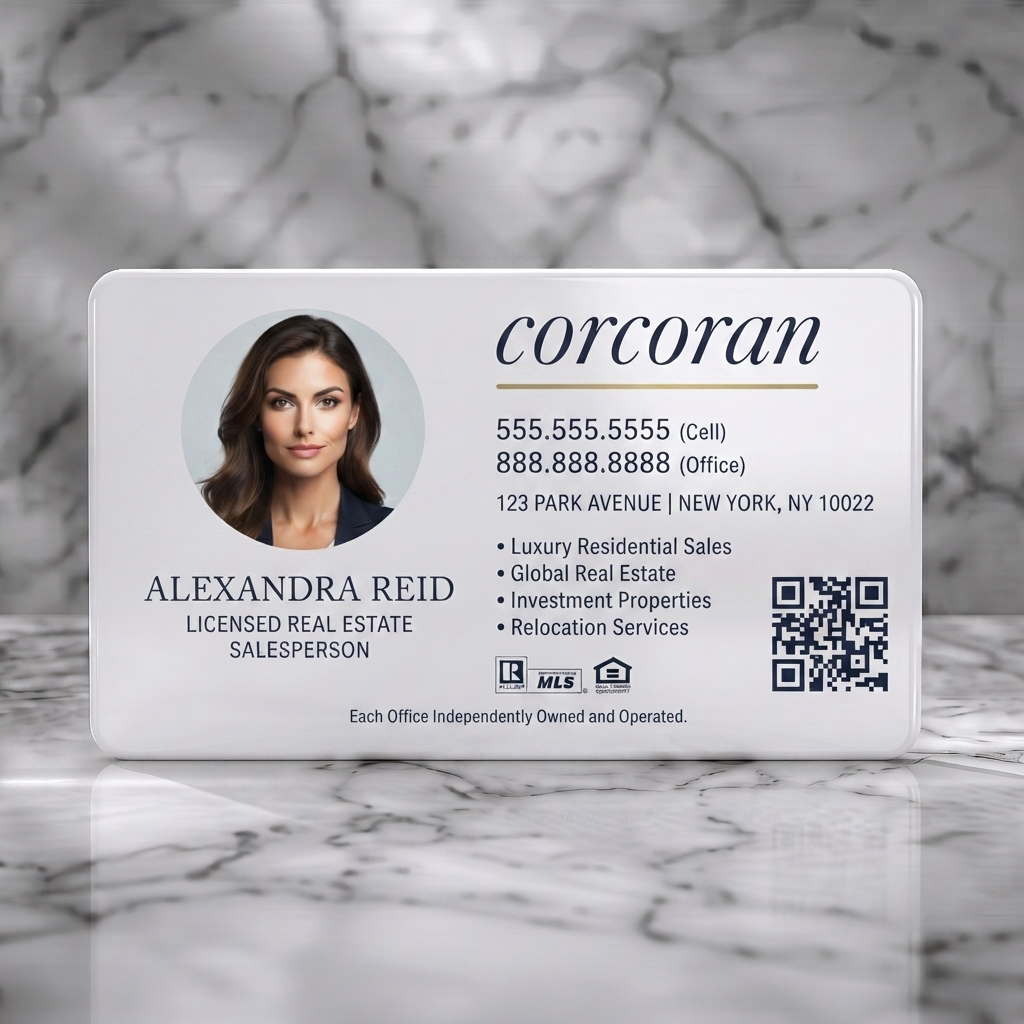 Solid white PVC business card featuring professional headshot, elegant blue branding, mixed typography, and essential real estate icons