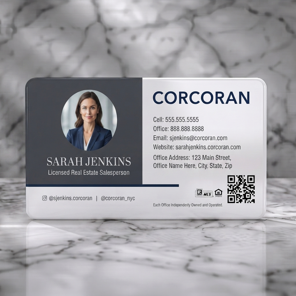Solid white PVC business card featuring modern, split-layout design with a dark gray and white palette, navy accents, clear typography, and professional icons