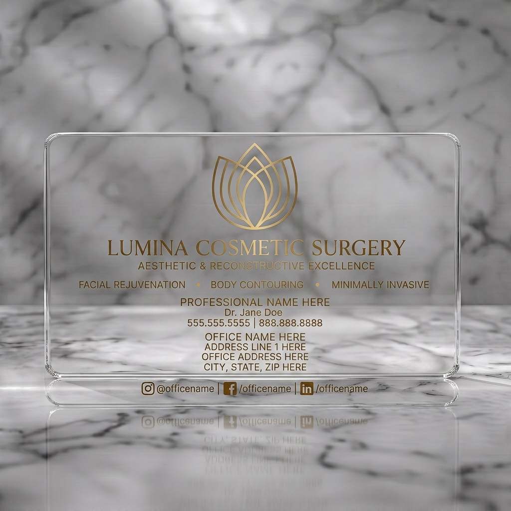 Clear plastic business card featuring minimalist gold lotus logo, elegant and modern typography, with social media icons