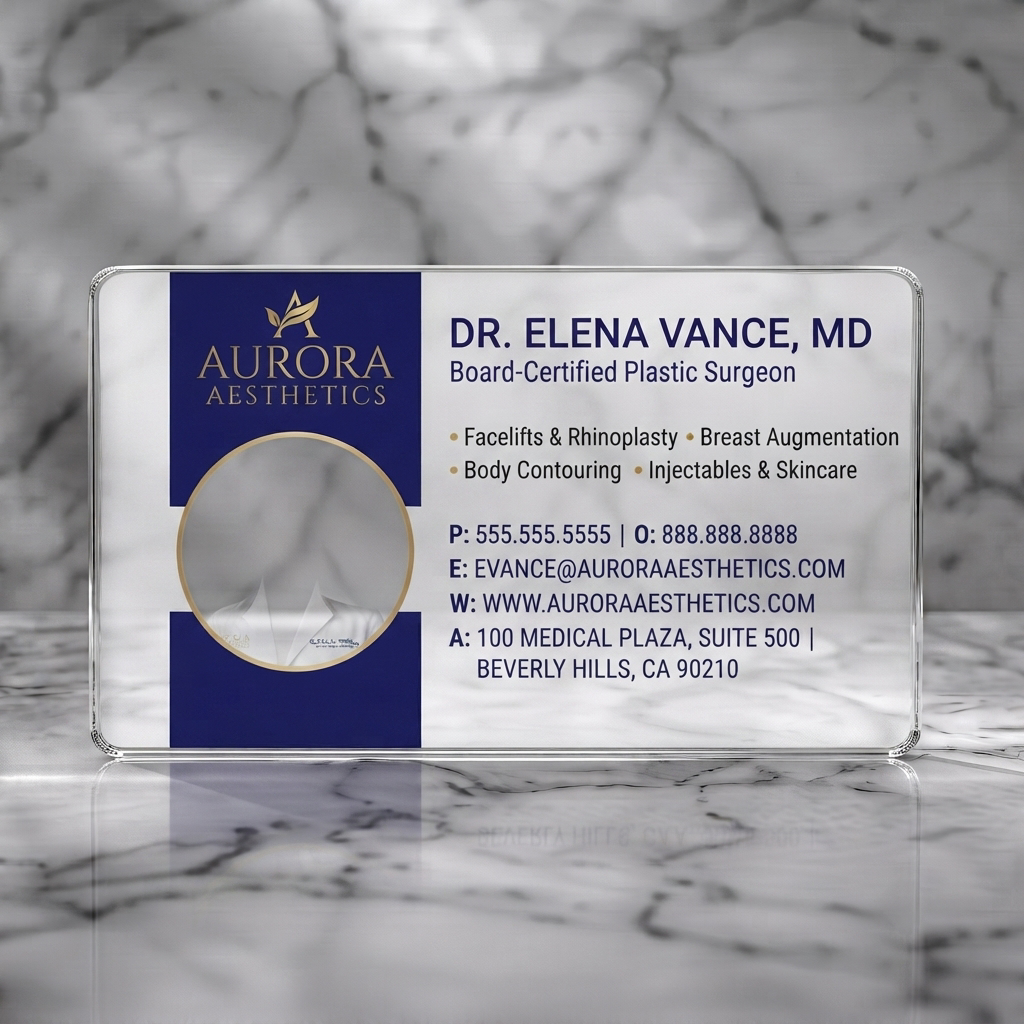 Clear plastic business card featuring a professional layout with navy and gold accents, a leaf logo, elegant serif and sans-serif fonts