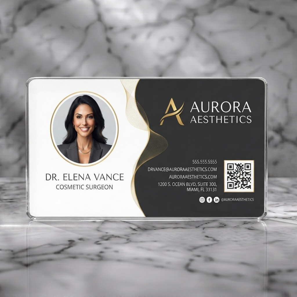 Clear plastic business card featuring elegant gold, black & white design, professional portrait, clean sans-serif typography, QR, social icons