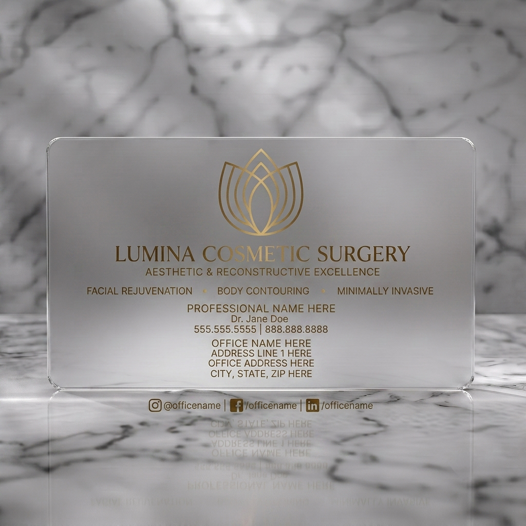 Frosted translucent plastic business card featuring minimalist gold lotus logo, elegant and modern typography, with social media icons