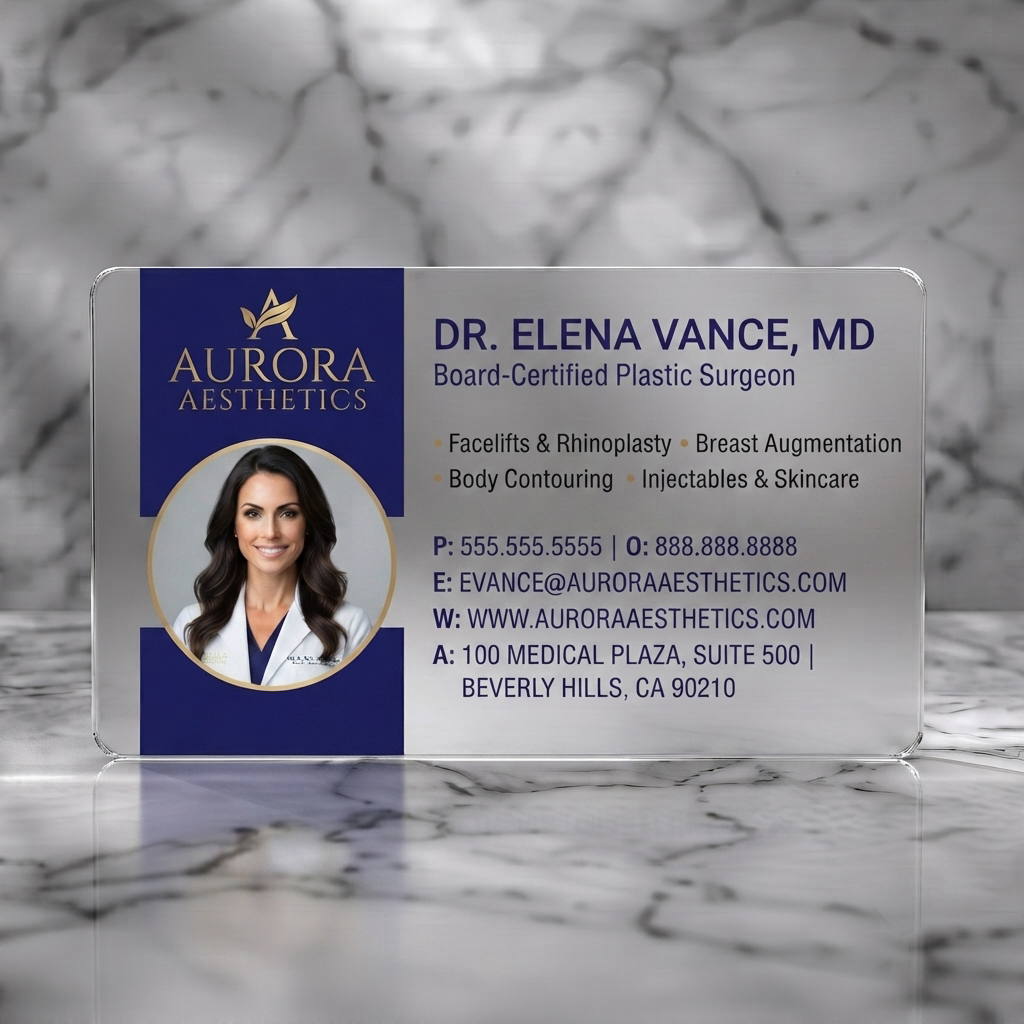 Frosted translucent plastic business card featuring a professional layout with navy and gold accents, a leaf logo, elegant serif and sans-serif fonts