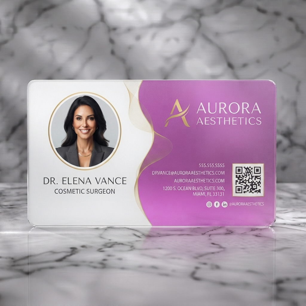 Frosted translucent plastic business card featuring elegant gold, black & white design, professional portrait, clean sans-serif typography, QR, social icons