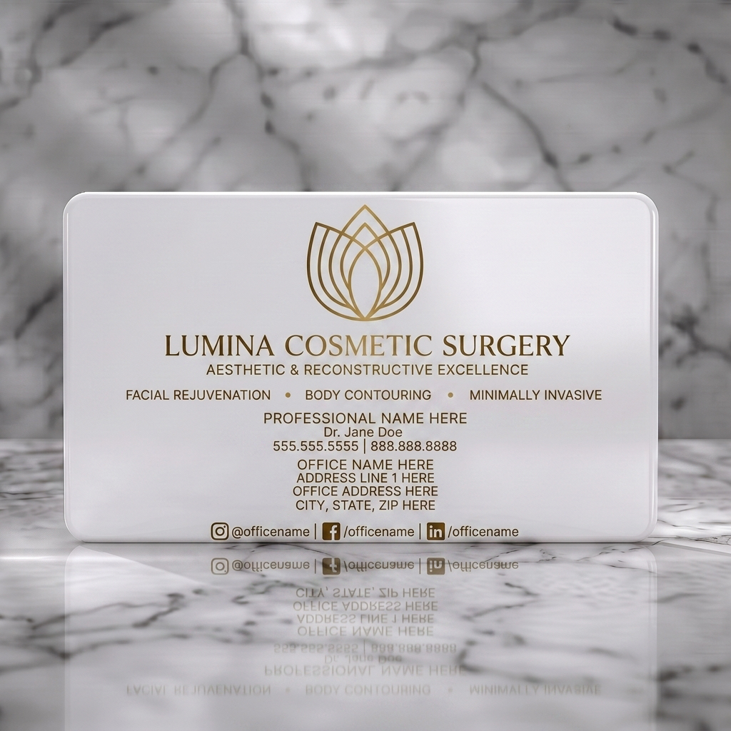 Solid white PVC business card featuring minimalist gold lotus logo, elegant and modern typography, with social media icons