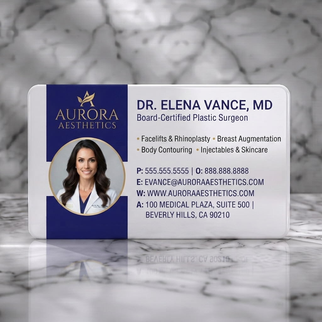 Solid white PVC business card featuring a professional layout with navy and gold accents, a leaf logo, elegant serif and sans-serif fonts