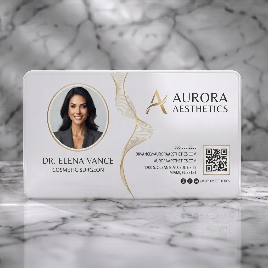 Solid white PVC business card featuring elegant gold, black & white design, professional portrait, clean sans-serif typography, QR, social icons