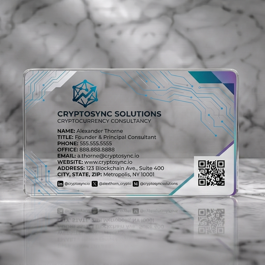 Clear plastic business card featuring sleek, tech-centric with a geometric logo, circuit patterns, sans-serif text, and blue/purple palette