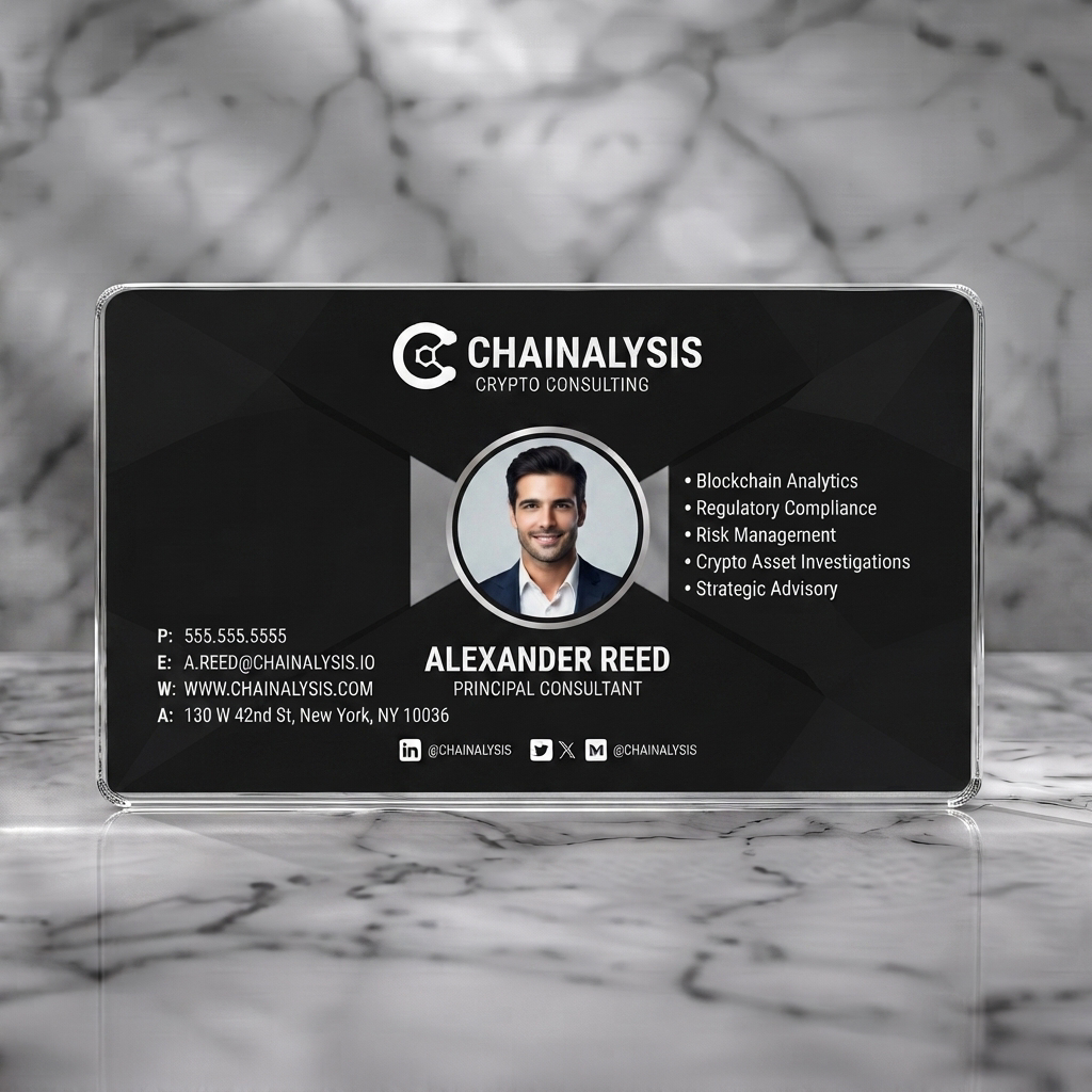 Clear plastic business card featuring modern dark gray geometric pattern, clean white sans-serif typography, a central photo, and social media icons