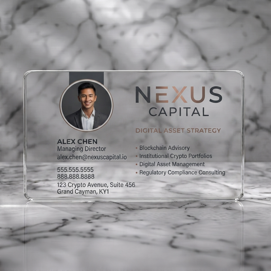 Clear plastic business card featuring a modern, minimalist design with a profile photo, charcoal and rose gold brand colors, and clean sans-serif typography