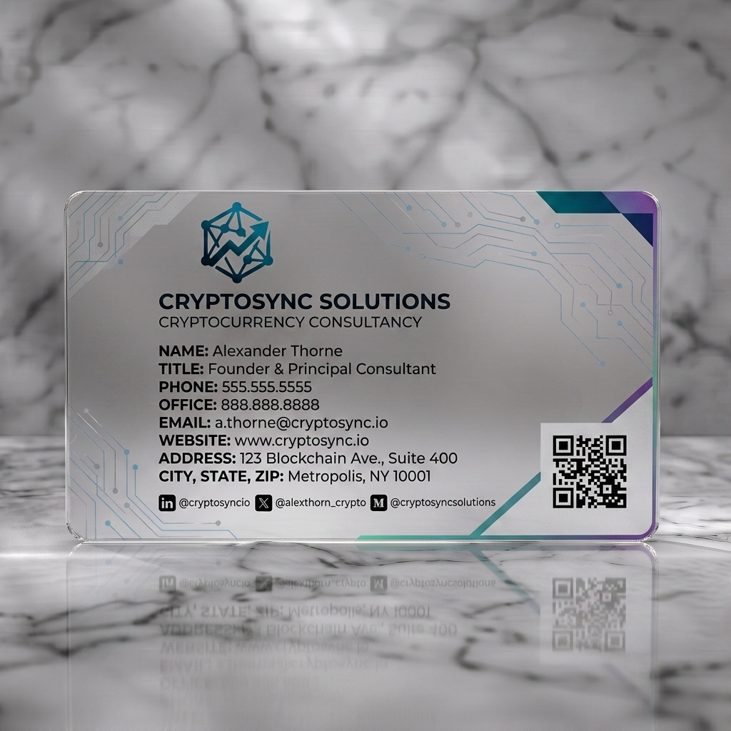 Frosted translucent plastic business card featuring sleek, tech-centric with a geometric logo, circuit patterns, sans-serif text, and blue/purple palette