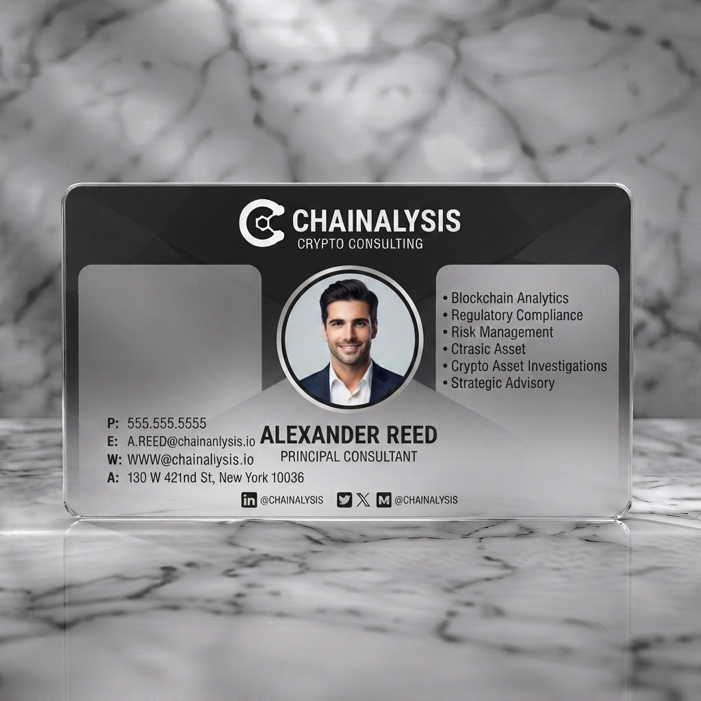 Frosted translucent plastic business card featuring modern dark gray geometric pattern, clean white sans-serif typography, a central photo, and social media icons