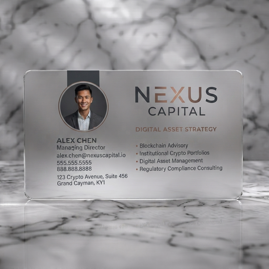 Frosted translucent plastic business card featuring a modern, minimalist design with a profile photo, charcoal and rose gold brand colors, and clean sans-serif typography