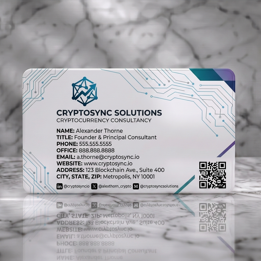 Solid white PVC business card featuring sleek, tech-centric with a geometric logo, circuit patterns, sans-serif text, and blue/purple palette