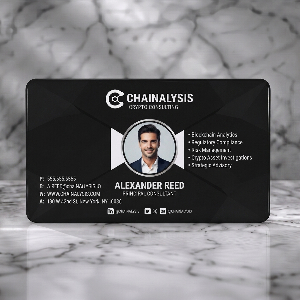 Solid white PVC business card featuring modern dark gray geometric pattern, clean white sans-serif typography, a central photo, and social media icons