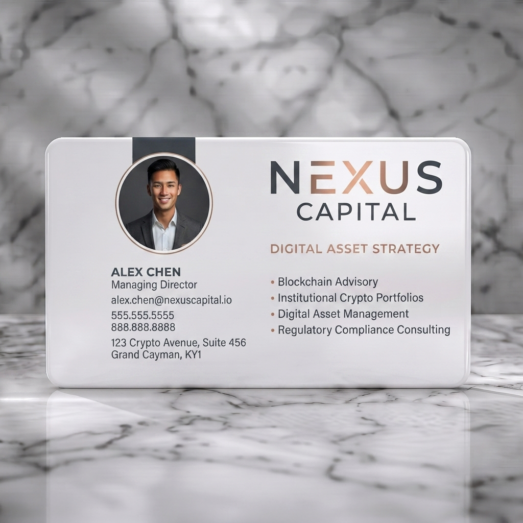 Solid white PVC business card featuring a modern, minimalist design with a profile photo, charcoal and rose gold brand colors, and clean sans-serif typography