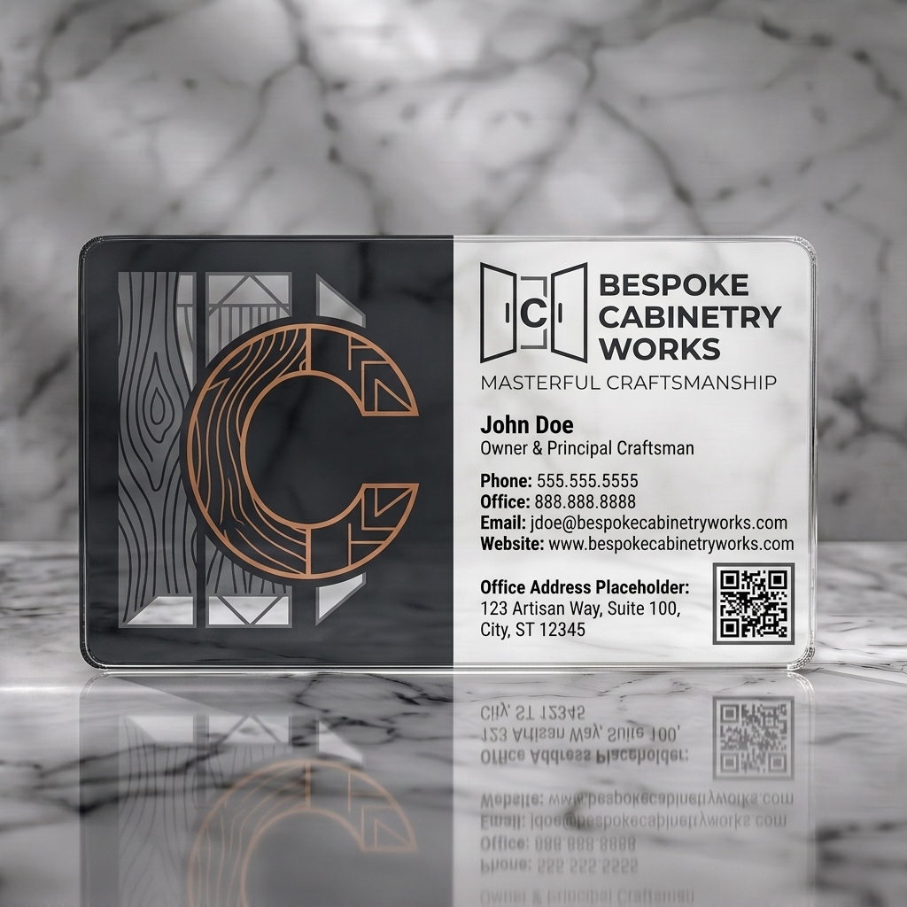 Clear plastic business card featuring two-tone layout, wood-grain C-monogram with copper accent, clean sans-serifs, and cabinet icon