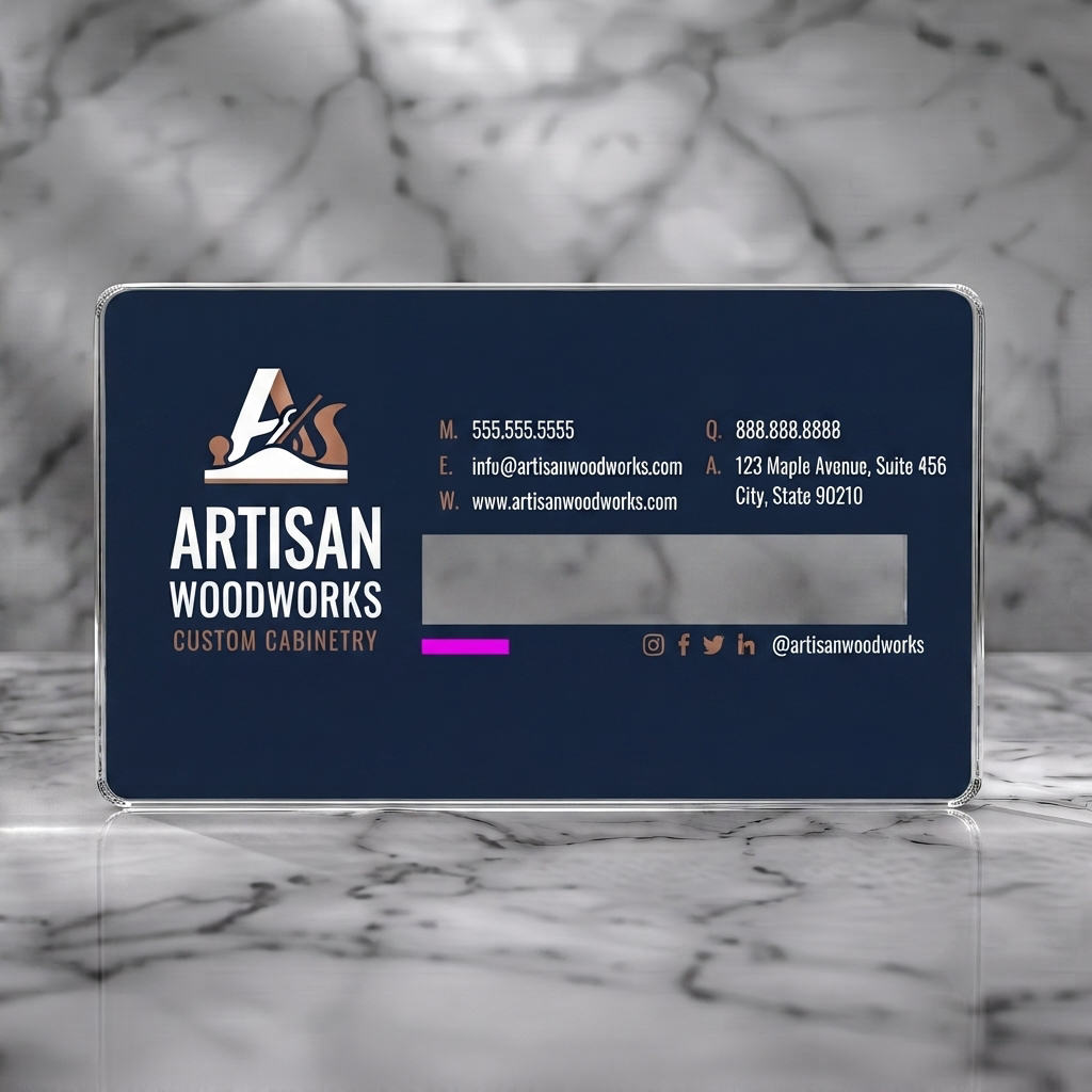 Clear plastic business card featuring a modern wood plane logo, sans-serif typography, and a navy, beige, and copper color palette
