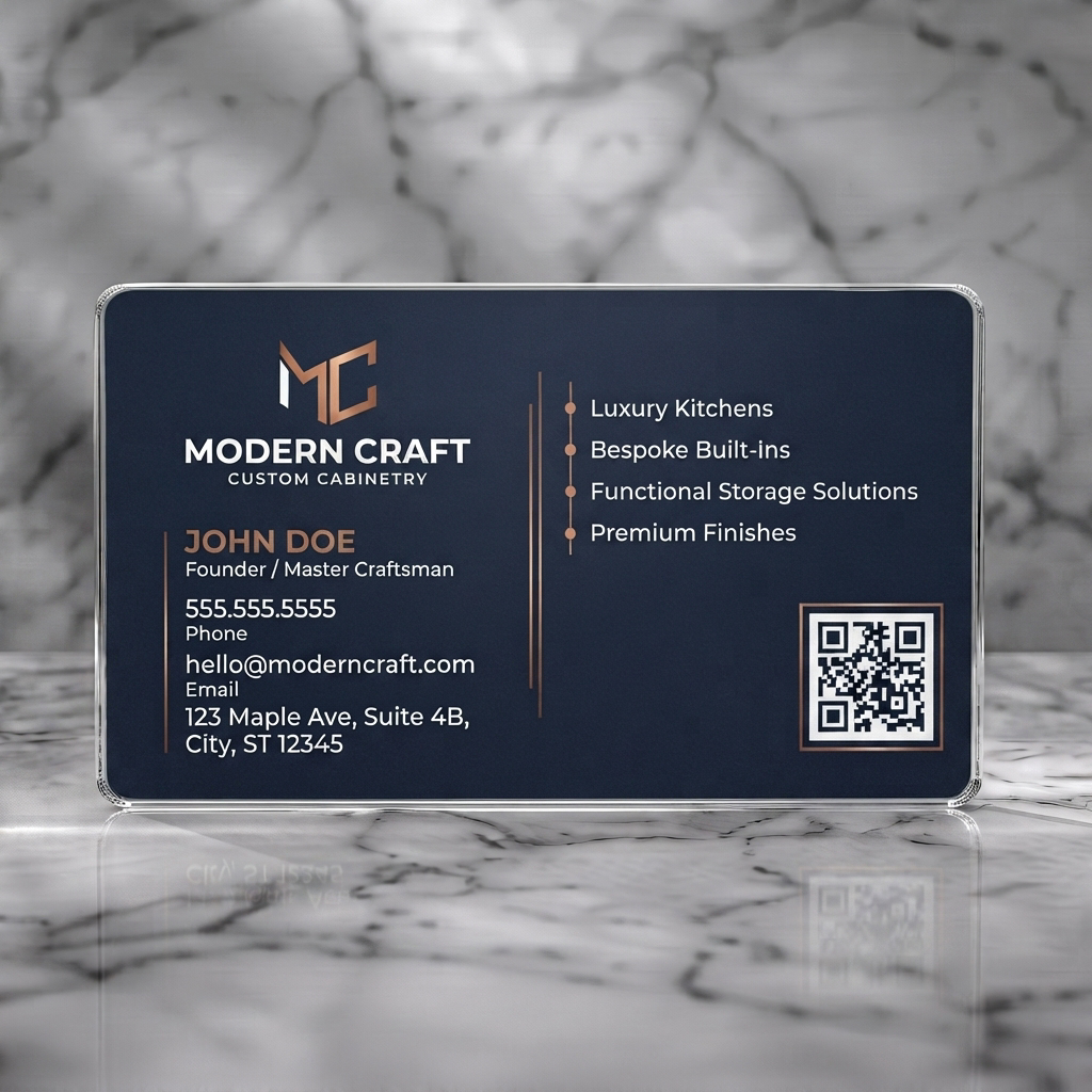 Clear plastic business card featuring sleek dark design with gold accents, minimalist sans-serif typography, an MC logo, and QR code