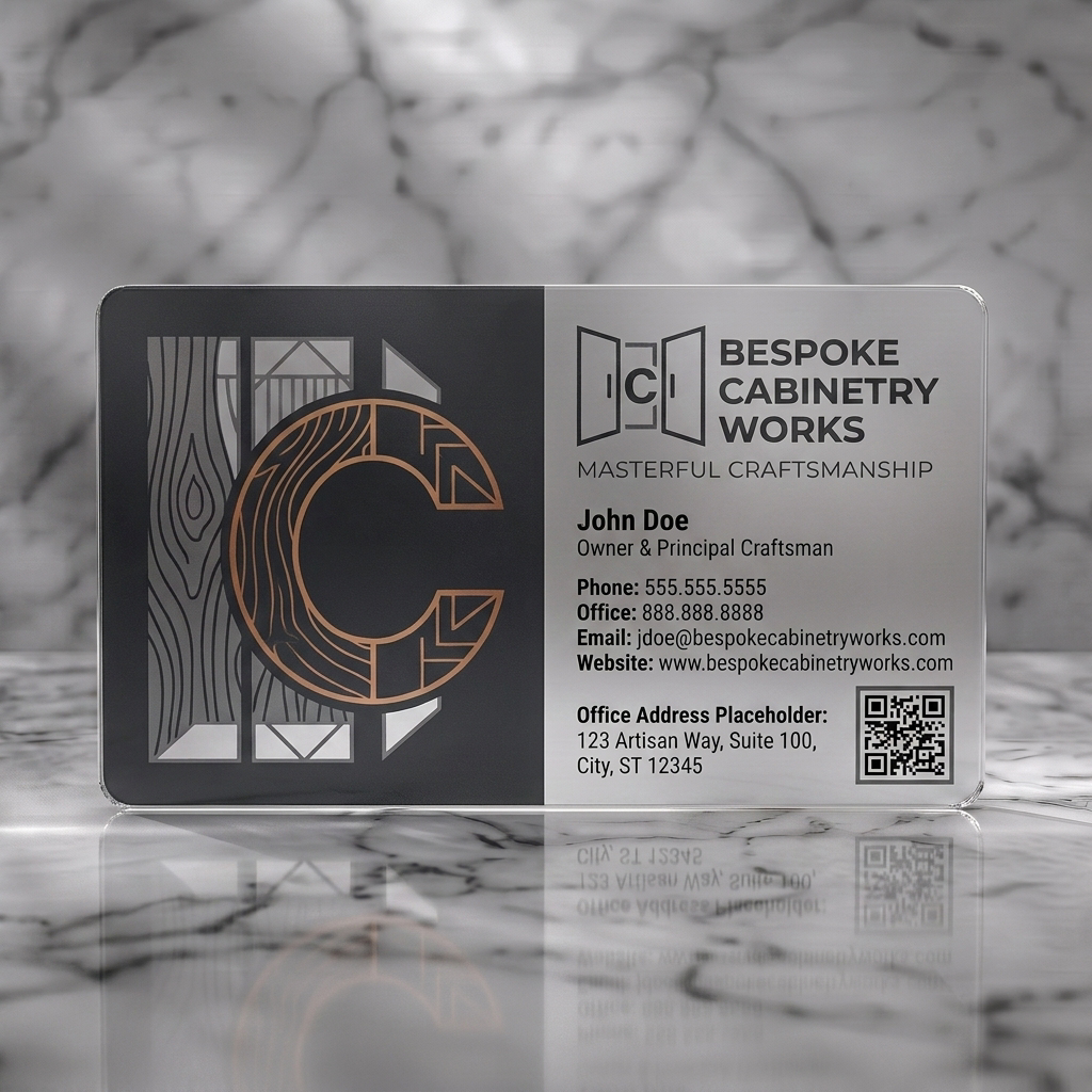 Frosted translucent plastic business card featuring two-tone layout, wood-grain C-monogram with copper accent, clean sans-serifs, and cabinet icon