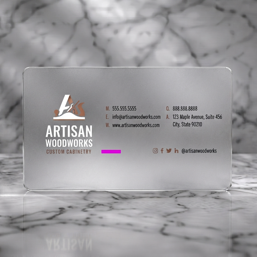 Frosted translucent plastic business card featuring a modern wood plane logo, sans-serif typography, and a navy, beige, and copper color palette