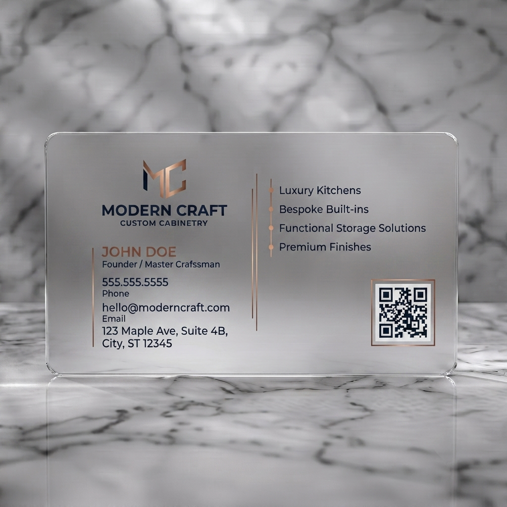 Frosted translucent plastic business card featuring sleek dark design with gold accents, minimalist sans-serif typography, an MC logo, and QR code