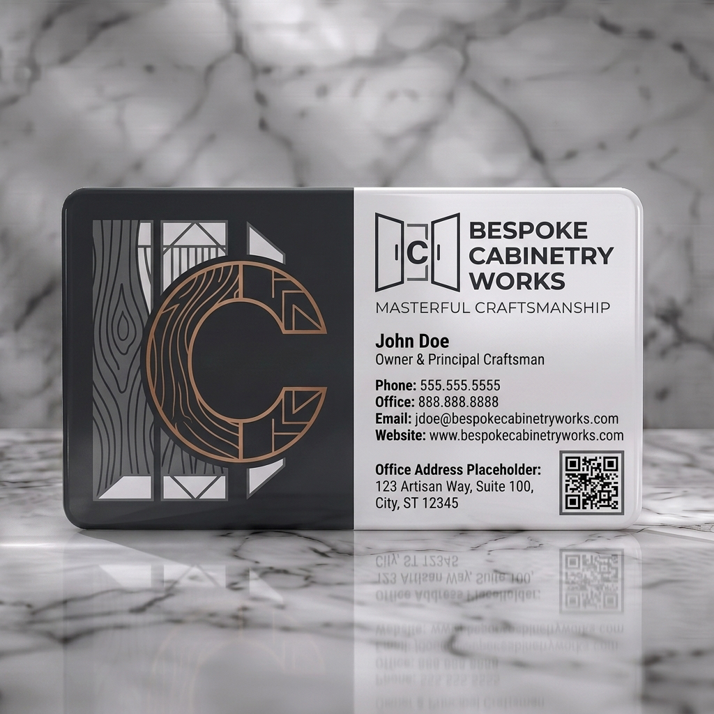 Solid white PVC business card featuring two-tone layout, wood-grain C-monogram with copper accent, clean sans-serifs, and cabinet icon