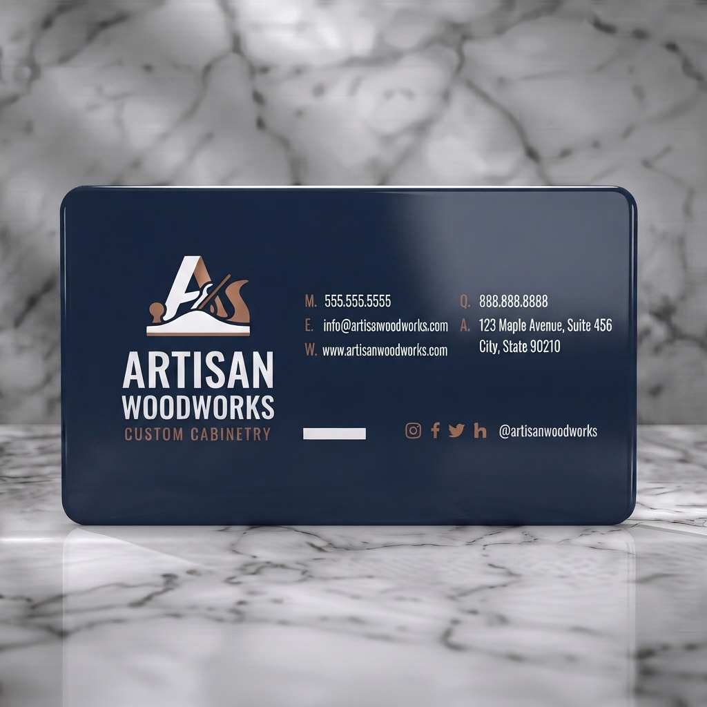 Solid white PVC business card featuring a modern wood plane logo, sans-serif typography, and a navy, beige, and copper color palette