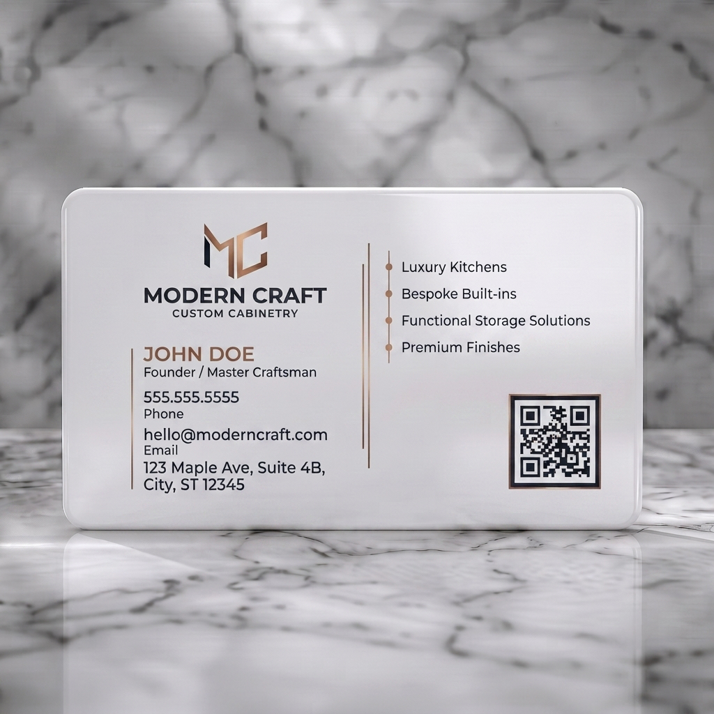 Solid white PVC business card featuring sleek dark design with gold accents, minimalist sans-serif typography, an MC logo, and QR code