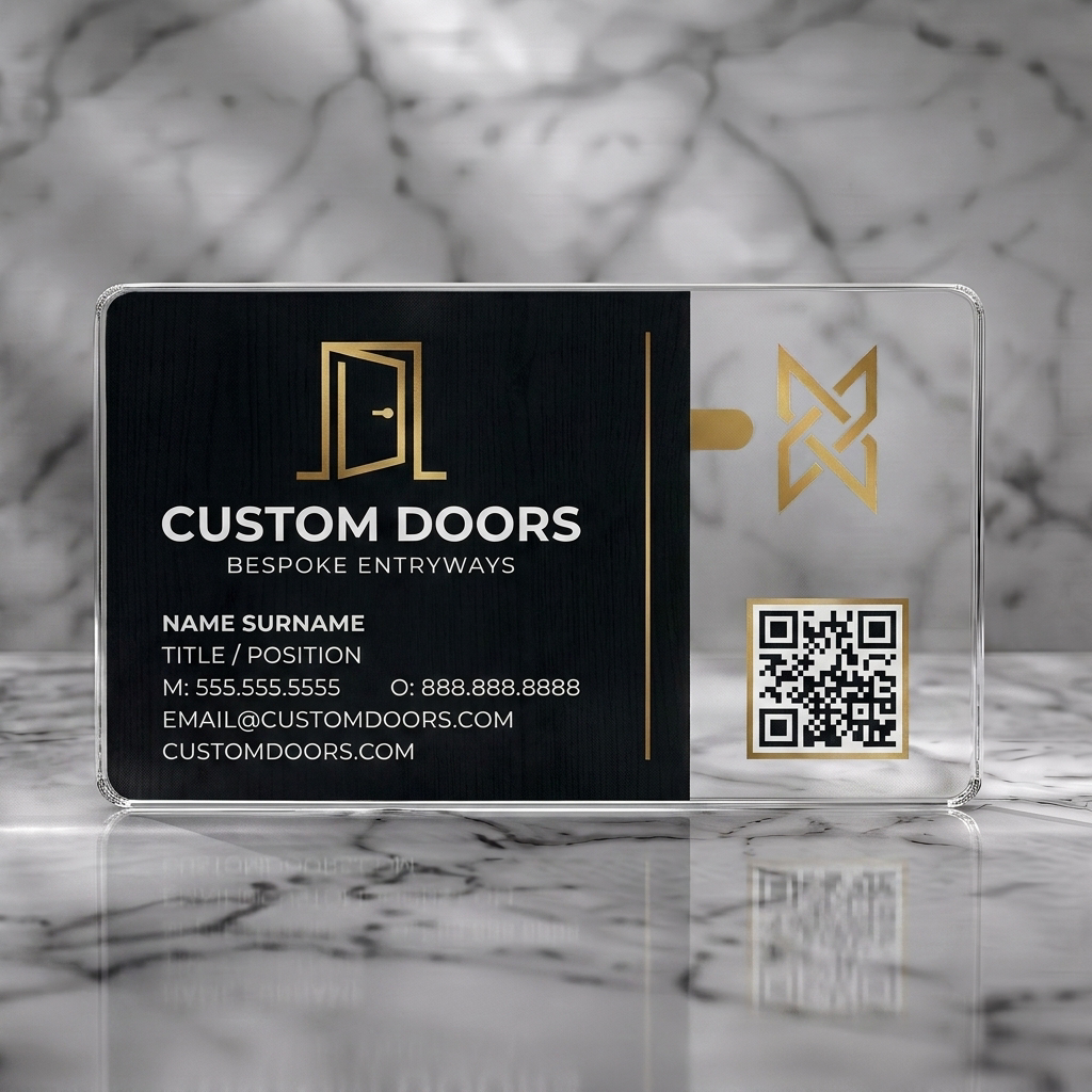 Clear plastic business card featuring modern dark grey and gold design with clean sans-serif typography, a door logo, abstract icon, and QR code