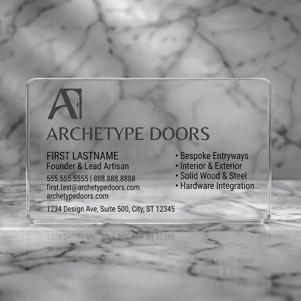 Clear plastic business card featuring minimalist black and white design with modern sans-serif typography and a stylized 'A' door logo