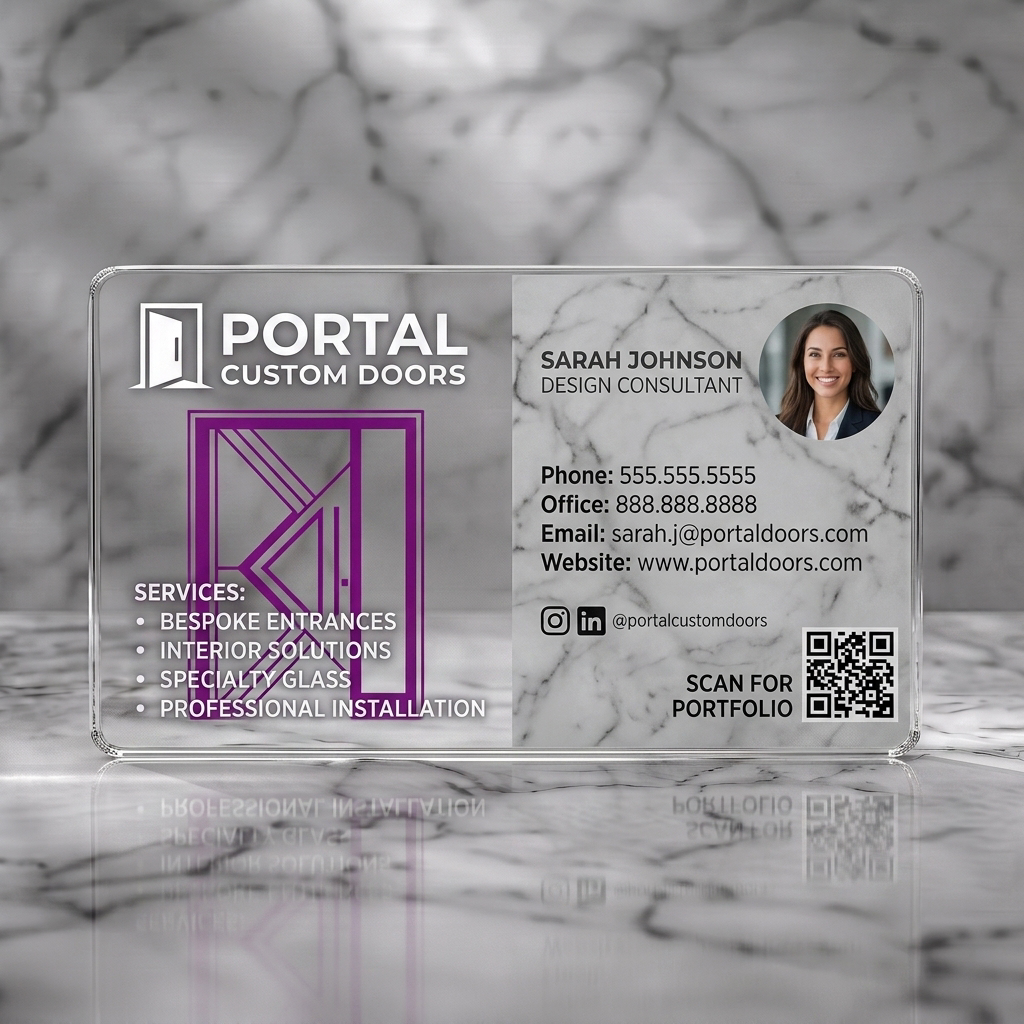 Clear plastic business card featuring modern two-tone layout, fuchsia and light grey, with clean sans-serif typography, door icon, and QR