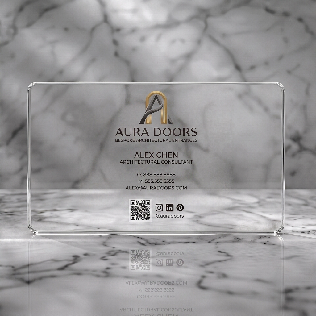 Clear plastic business card featuring elegant gold/grey logo, modern sans-serif fonts, and minimalist social media/QR icons