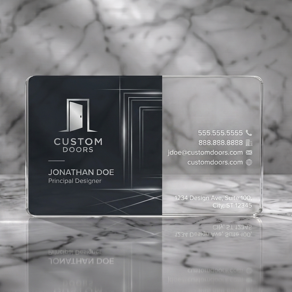 Clear plastic business card featuring a dark, metallic-accented design with a door logo, abstract lines, modern sans-serif typography, and contact icons