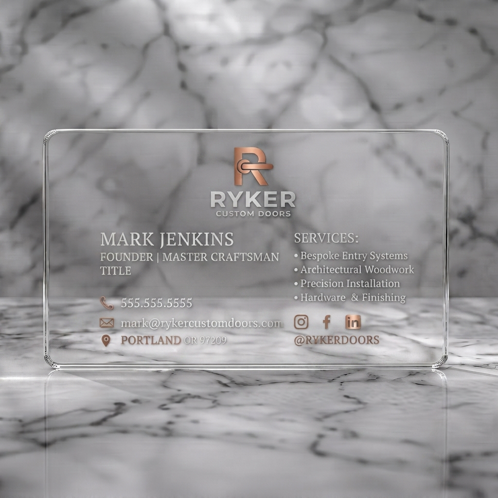 Clear plastic business card featuring dark, sophisticated design with metallic copper accents, mixed typography, geometric patterns, and icons