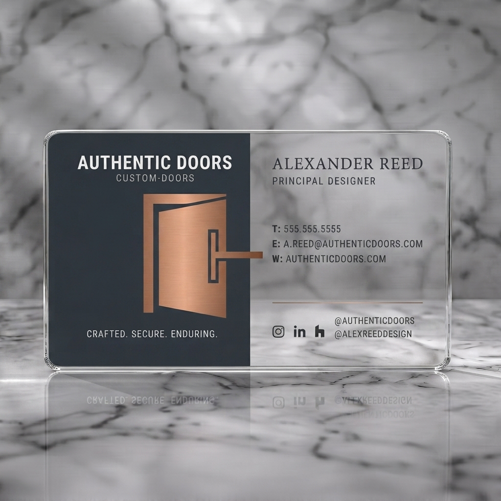 Clear plastic business card featuring modern split-layout, charcoal & white with copper door logo, serif & sans-serif typography, social icons