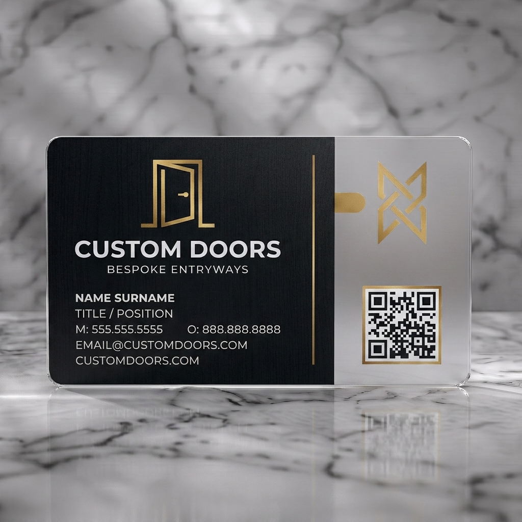 Frosted translucent plastic business card featuring modern dark grey and gold design with clean sans-serif typography, a door logo, abstract icon, and QR code