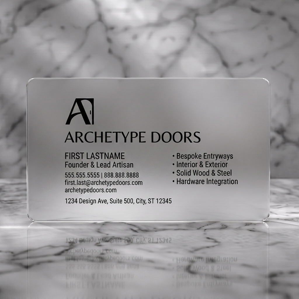 Frosted translucent plastic business card featuring minimalist black and white design with modern sans-serif typography and a stylized 'A' door logo