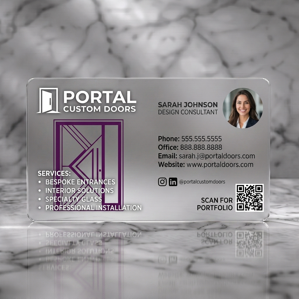 Frosted translucent plastic business card featuring modern two-tone layout, fuchsia and light grey, with clean sans-serif typography, door icon, and QR