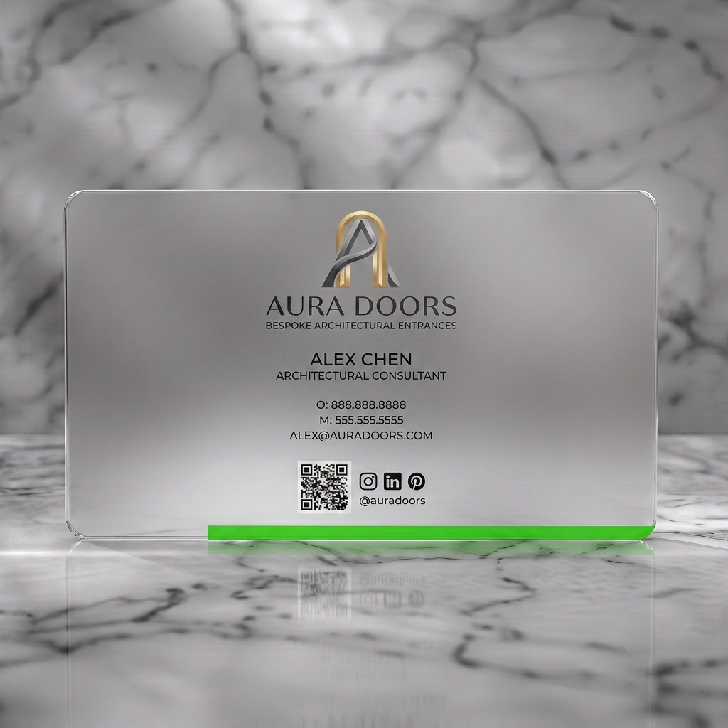 Frosted translucent plastic business card featuring elegant gold/grey logo, modern sans-serif fonts, and minimalist social media/QR icons