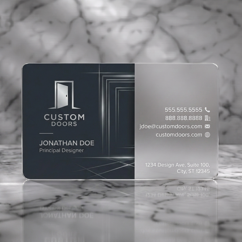 Frosted translucent plastic business card featuring a dark, metallic-accented design with a door logo, abstract lines, modern sans-serif typography, and contact icons