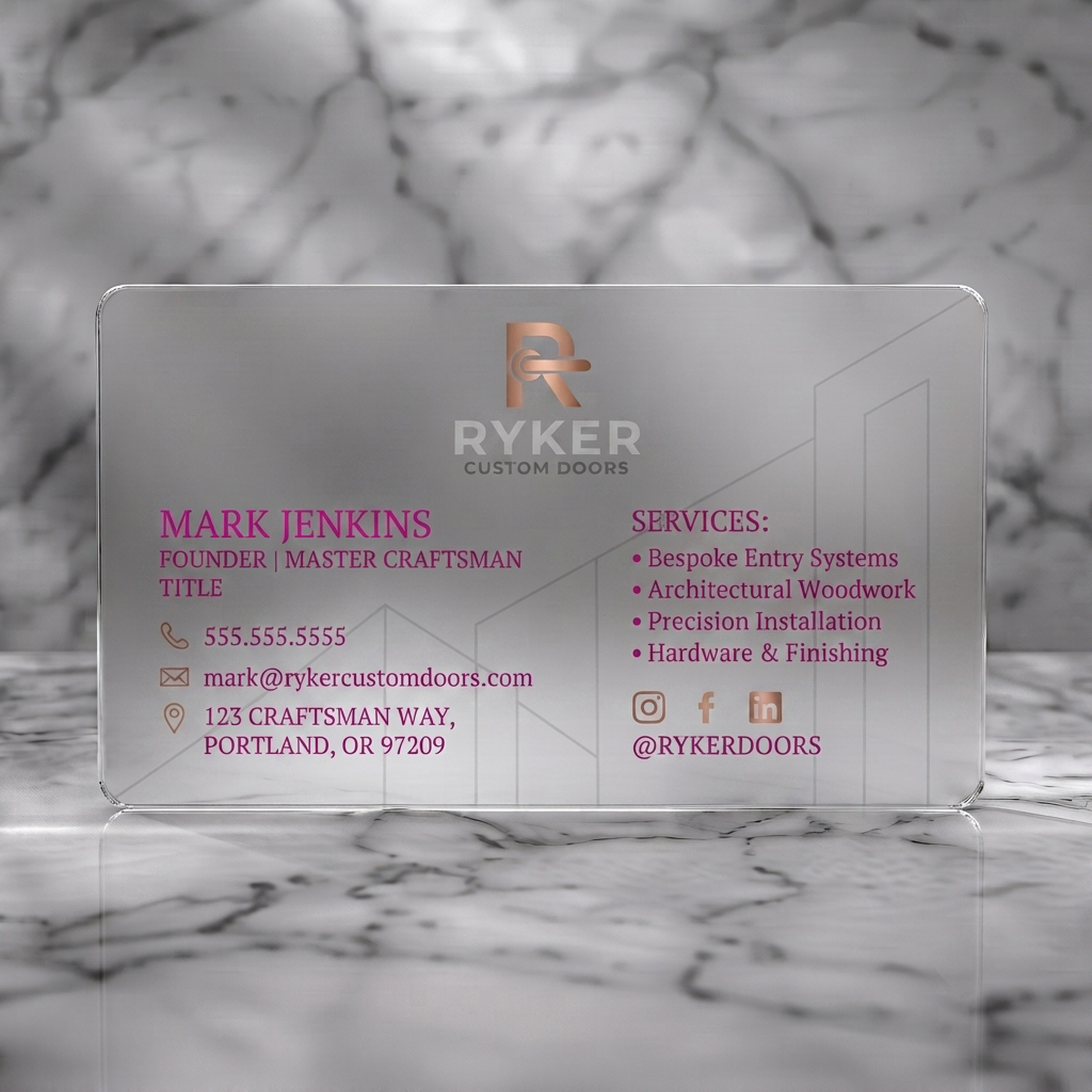 Frosted translucent plastic business card featuring dark, sophisticated design with metallic copper accents, mixed typography, geometric patterns, and icons