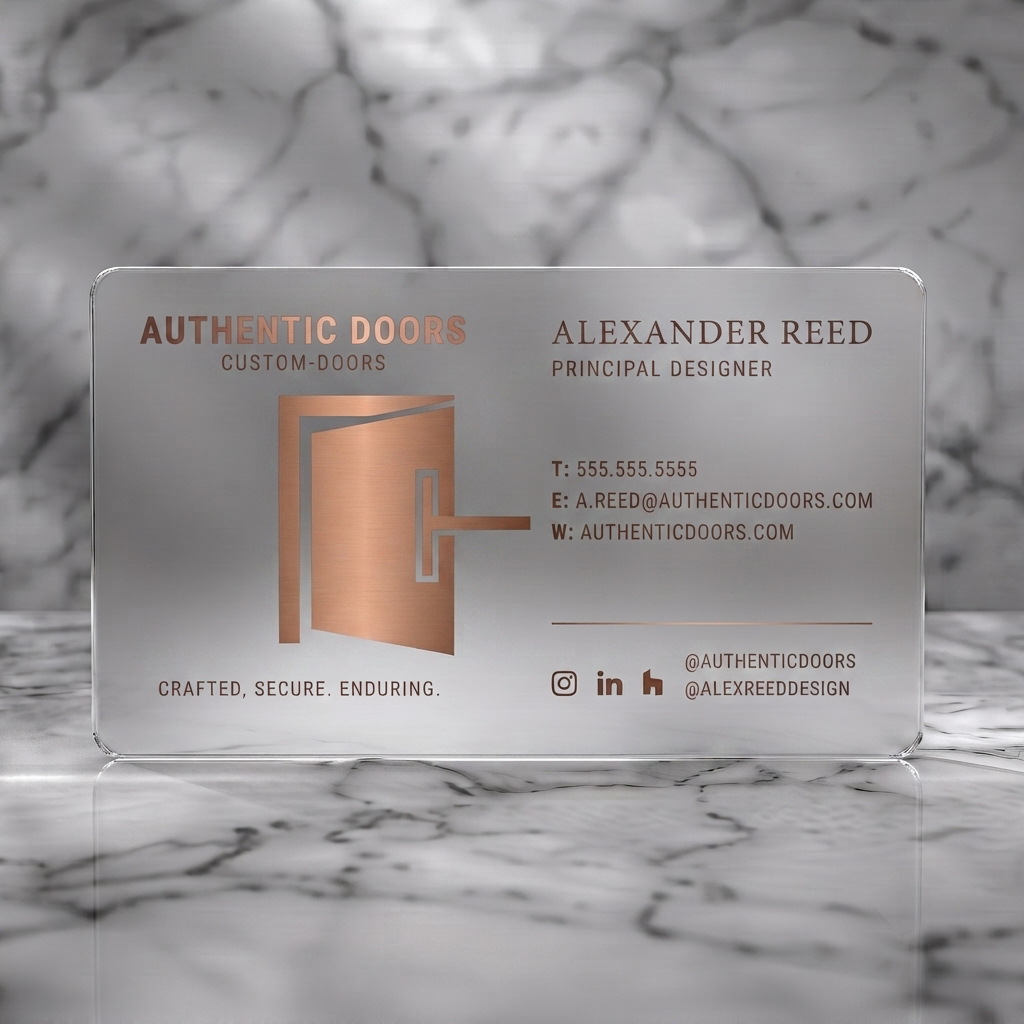 Frosted translucent plastic business card featuring modern split-layout, charcoal & white with copper door logo, serif & sans-serif typography, social icons
