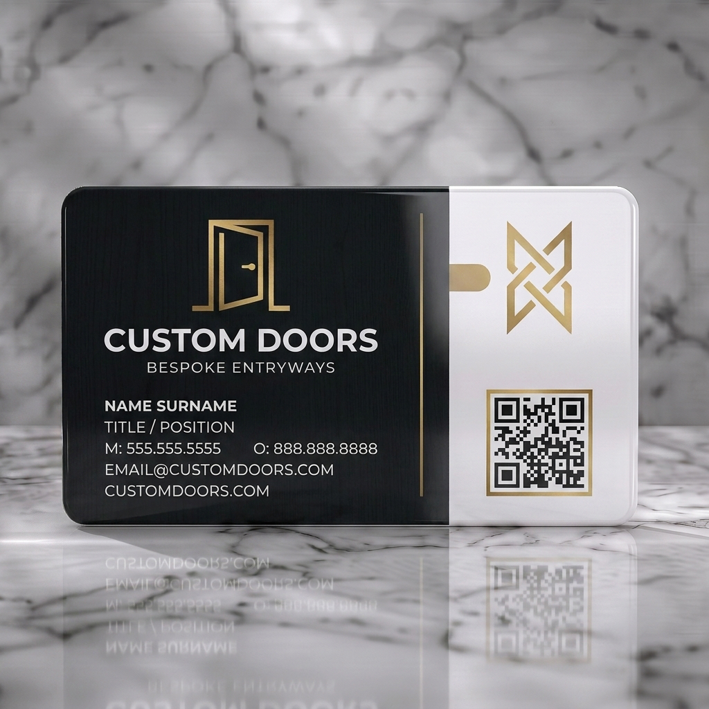 Solid white PVC business card featuring modern dark grey and gold design with clean sans-serif typography, a door logo, abstract icon, and QR code