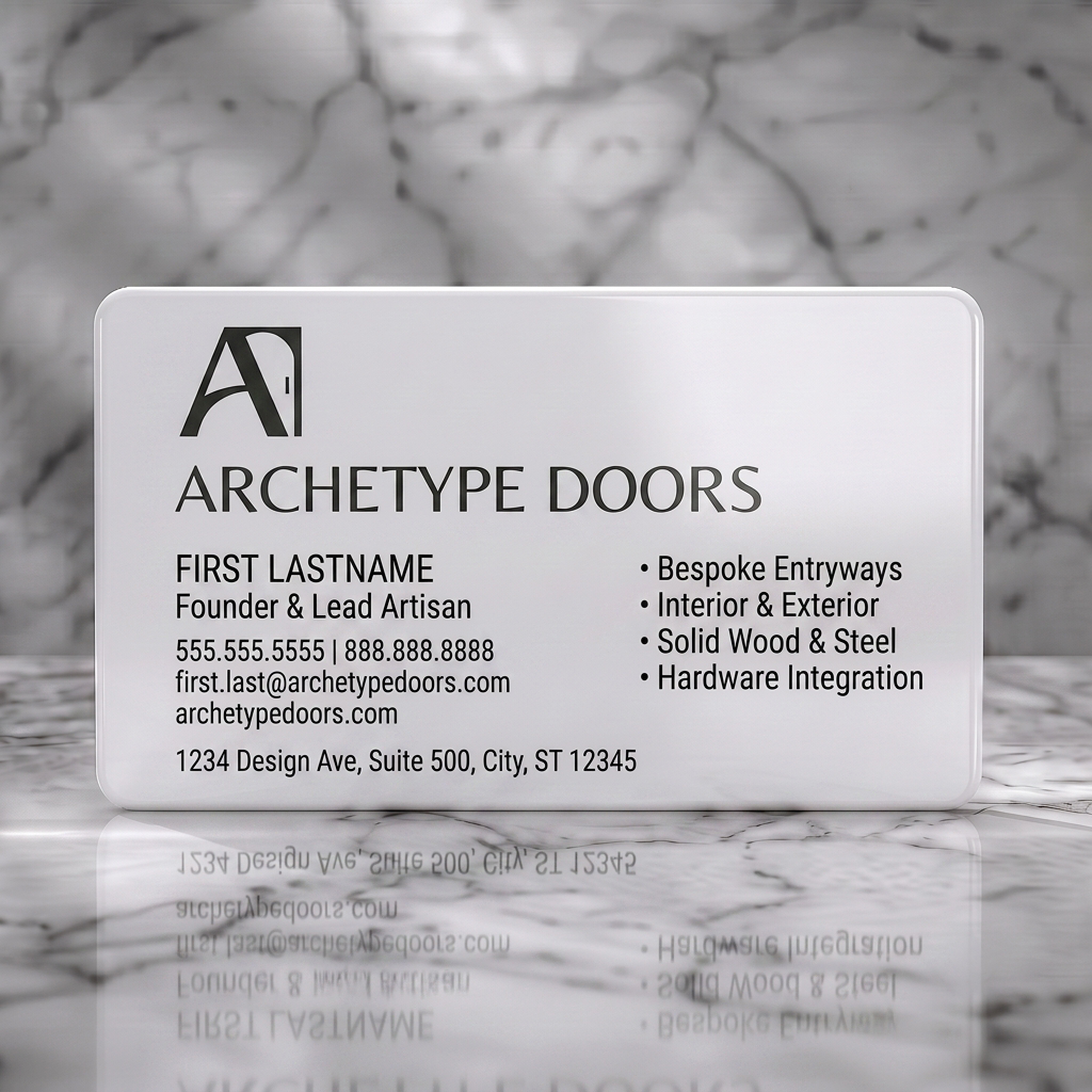 Solid white PVC business card featuring minimalist black and white design with modern sans-serif typography and a stylized 'A' door logo