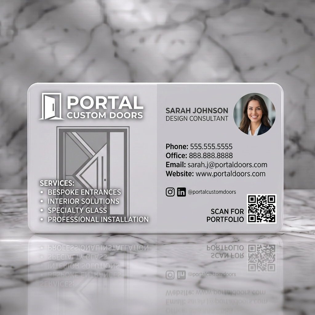 Solid white PVC business card featuring modern two-tone layout, fuchsia and light grey, with clean sans-serif typography, door icon, and QR